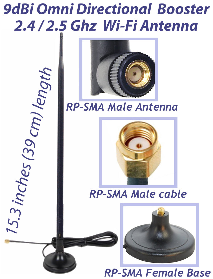 Wi-Fi 9dbi Gain Extension Omni Directional 2.4Ghz - 2.5Ghz 802.11a/b/g/n/ac Antenna RP-SMA Male on Magnetic Base (1.65 ft /19.5 inches/ 50 cm RG174 Coaxial Low Loss Cable)