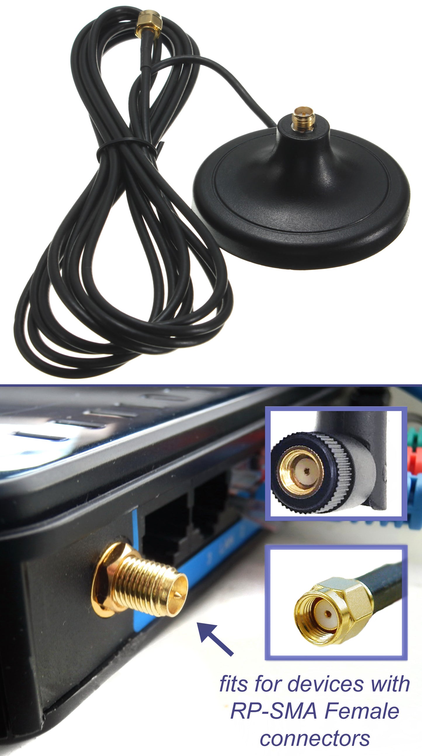Wi-Fi 9dbi Gain Extension Omni Directional 2.4Ghz - 2.5Ghz 802.11a/b/g/n/ac Antenna RP-SMA Male on Magnetic Base (1.65 ft /19.5 inches/ 50 cm RG174 Coaxial Low Loss Cable)
