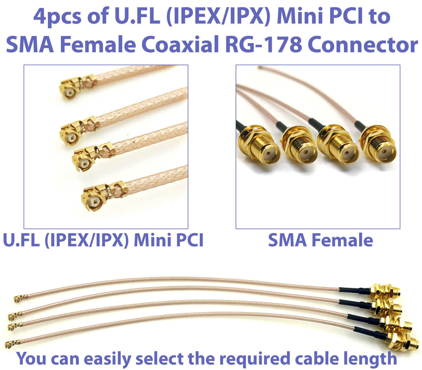 Pack of 4 RF U.FL(IPEX/IPX) Mini PCI to SMA Female Pigtail Antenna Wi-Fi Coaxial RG-178 Low Loss Cable