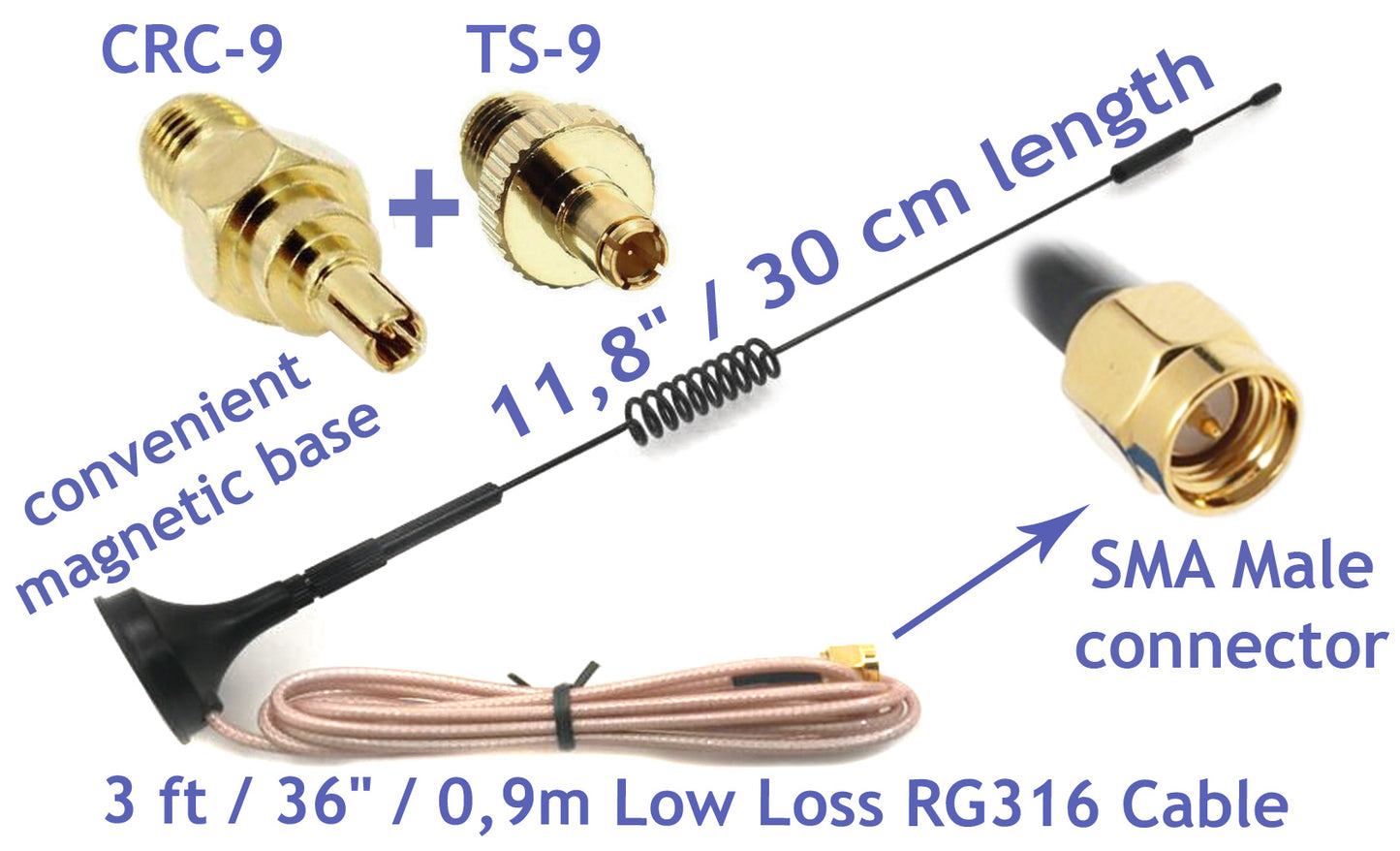 Universal Kit of 3G 4G LTE Dipole Antenna Wide Band 7dBi 698-2700Mhz Omni Directional GSM on Magnetic Base RG316 3ft/0.9m Low Loss Cable with SMA Female to TS-9 and CRC9 for any Devices as Verizon