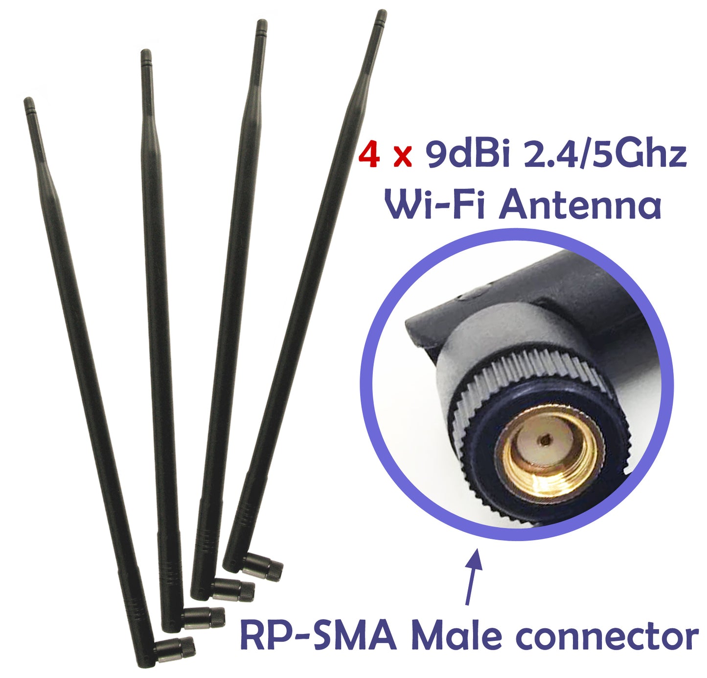 4 pcs of Universal 9dBi Wi-Fi 2.4/5GHz Dual-Band RP-SMA Male Antennas Extension for IP Wireless Security Camera Router and CCTV HD Wireless Camera System Video Antenna for NVR Security IP System
