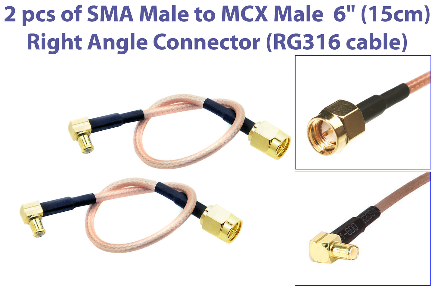 Pack of 2 RF RG316 Coaxial Antenna Pigtail Low Loss Cable SMA Male to MCX Male Right Angle 6 inches (15cm) Connector