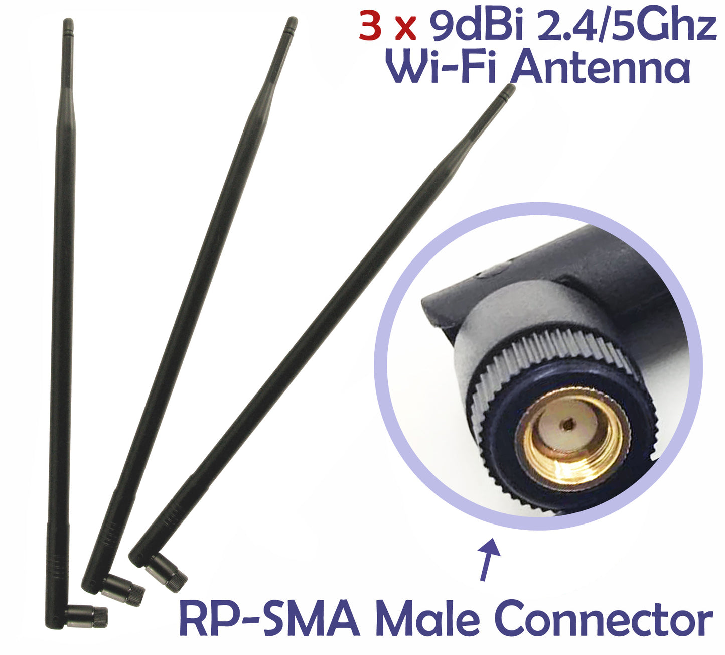 3 WiFi 9dBi Dual Band Omni Directional Antenna 2.4Ghz/5Ghz with RP-SMA Male Connector for Wireless Wi-Fi Router and Network Devices
