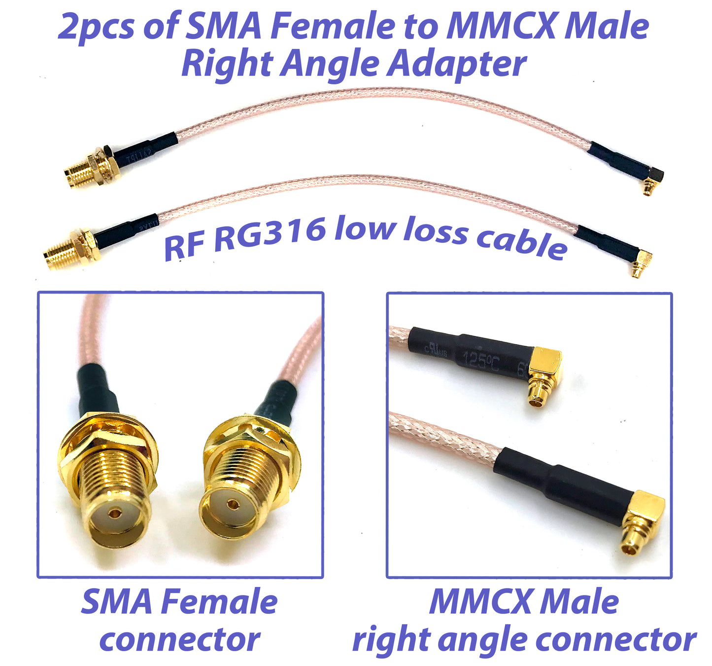 Pack of 2 RF RG316 Pigtail SMA Female Antenna Connector to MMCX Male Coaxial Cable Adapter Right Angle