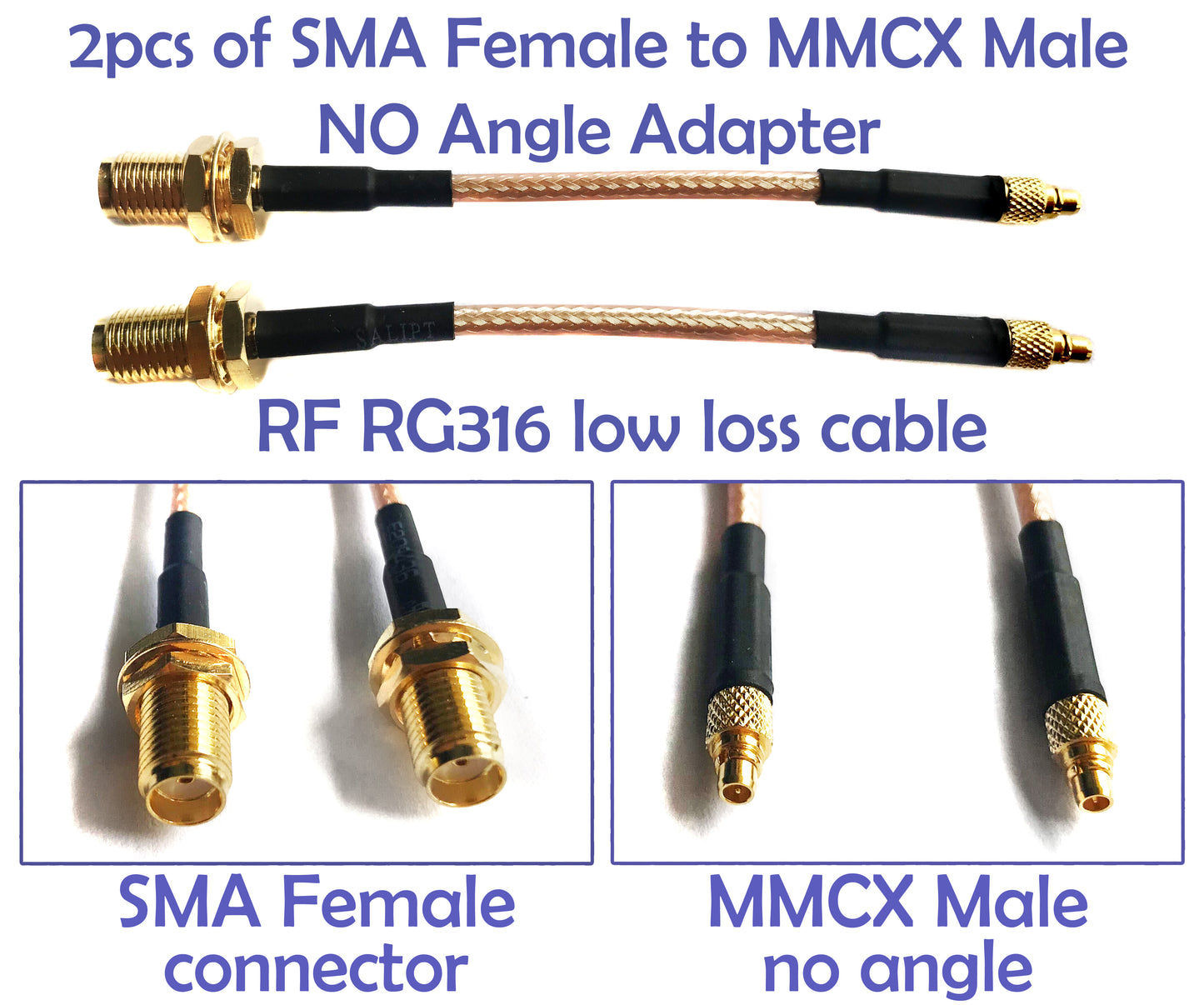 Pack of 2 RF RG316 Pigtail SMA Female Antenna Connector to Straight MMCX Male no Angle Coaxial Cable Adapter