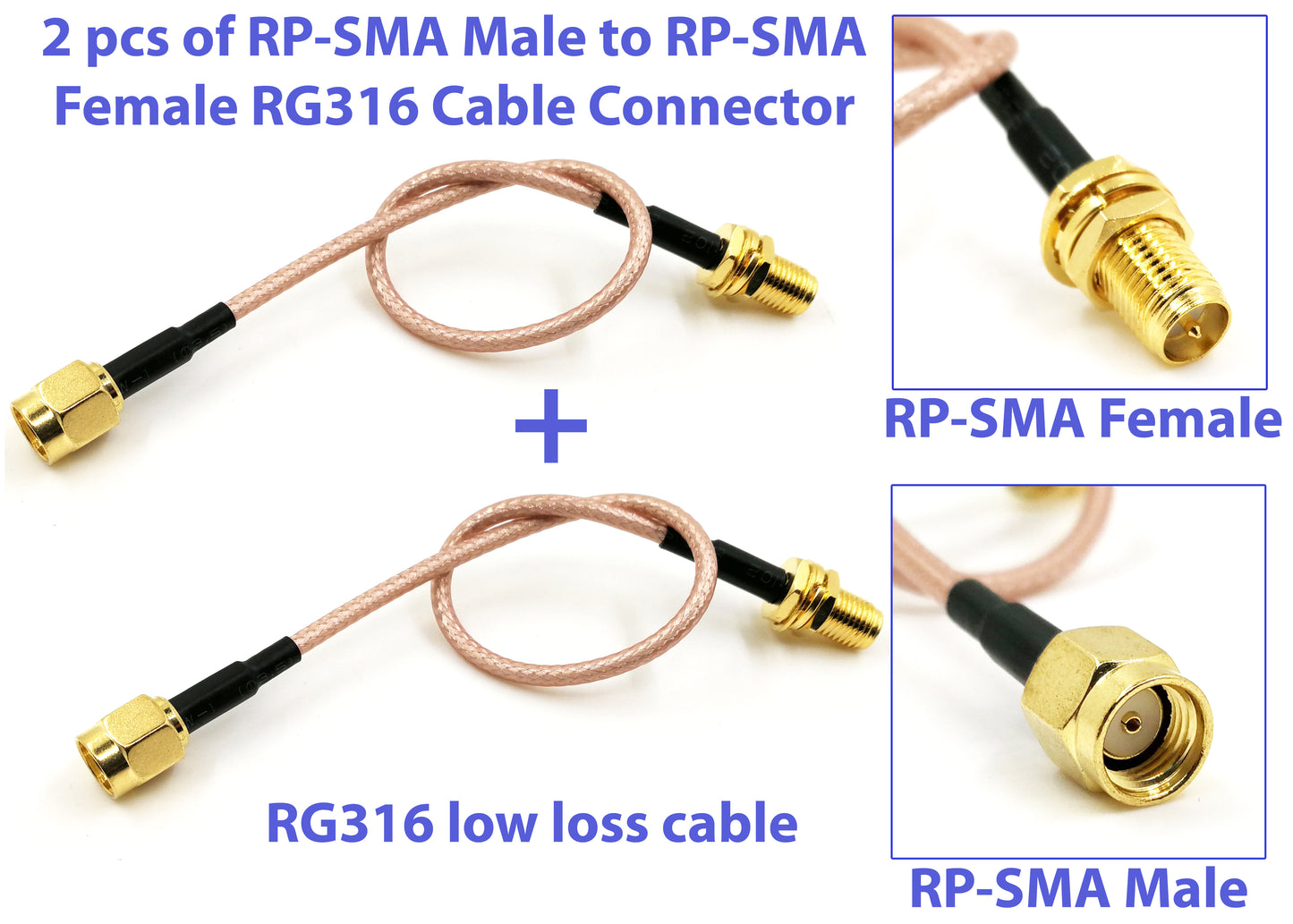 Pack of 2 RF RG316 RP-SMA Male to RP-SMA Female Nut Bulkhead Crimp Antenna Coaxial Low Loss Cable…