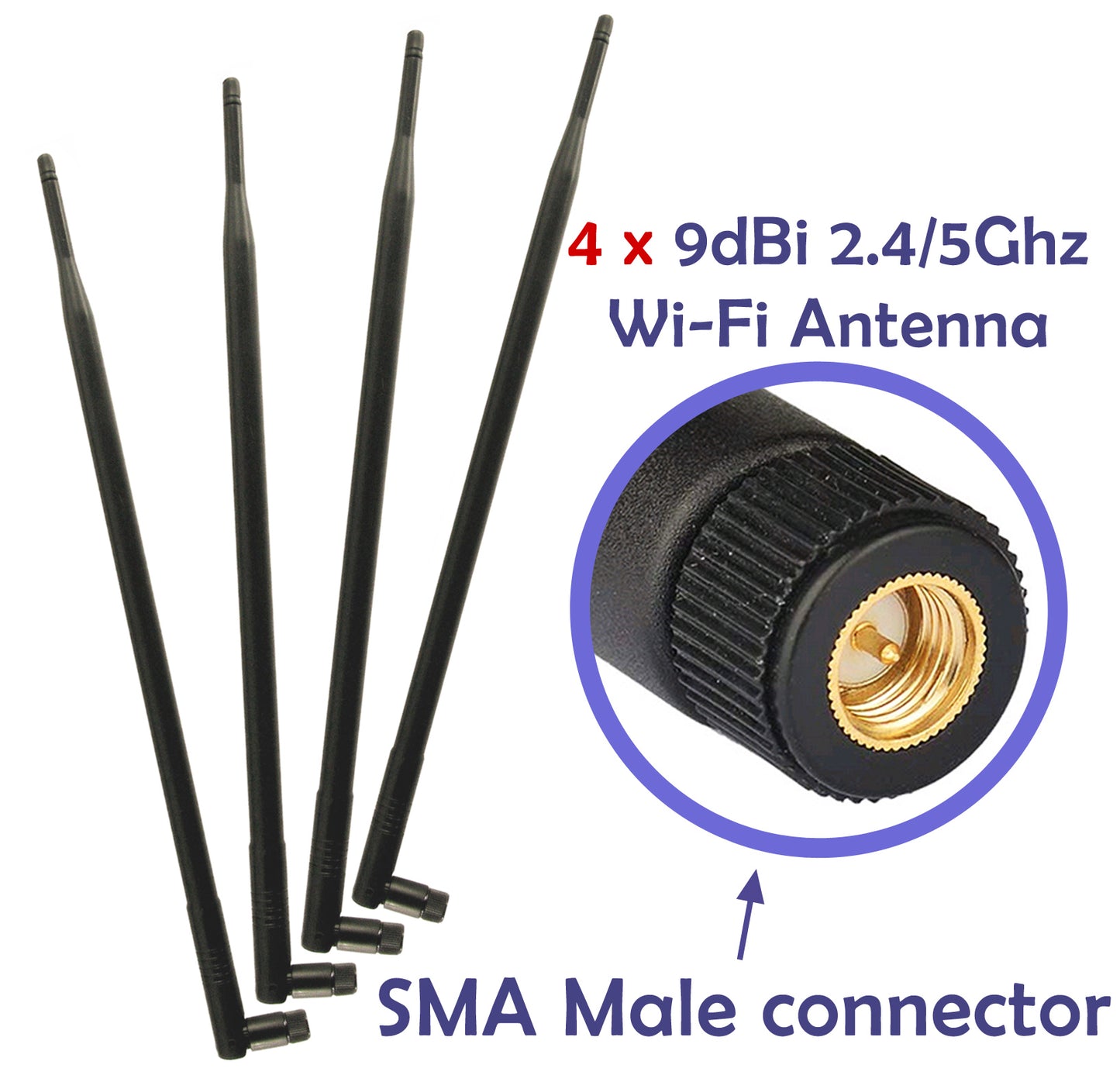4 pcs of Universal 9dBi Wi-Fi 2.4/5GHz Dual-Band SMA Male Antennas Extension for IP Wireless Security Camera Router and CCTV HD Wireless Camera System Video Antenna for NVR Security IP System