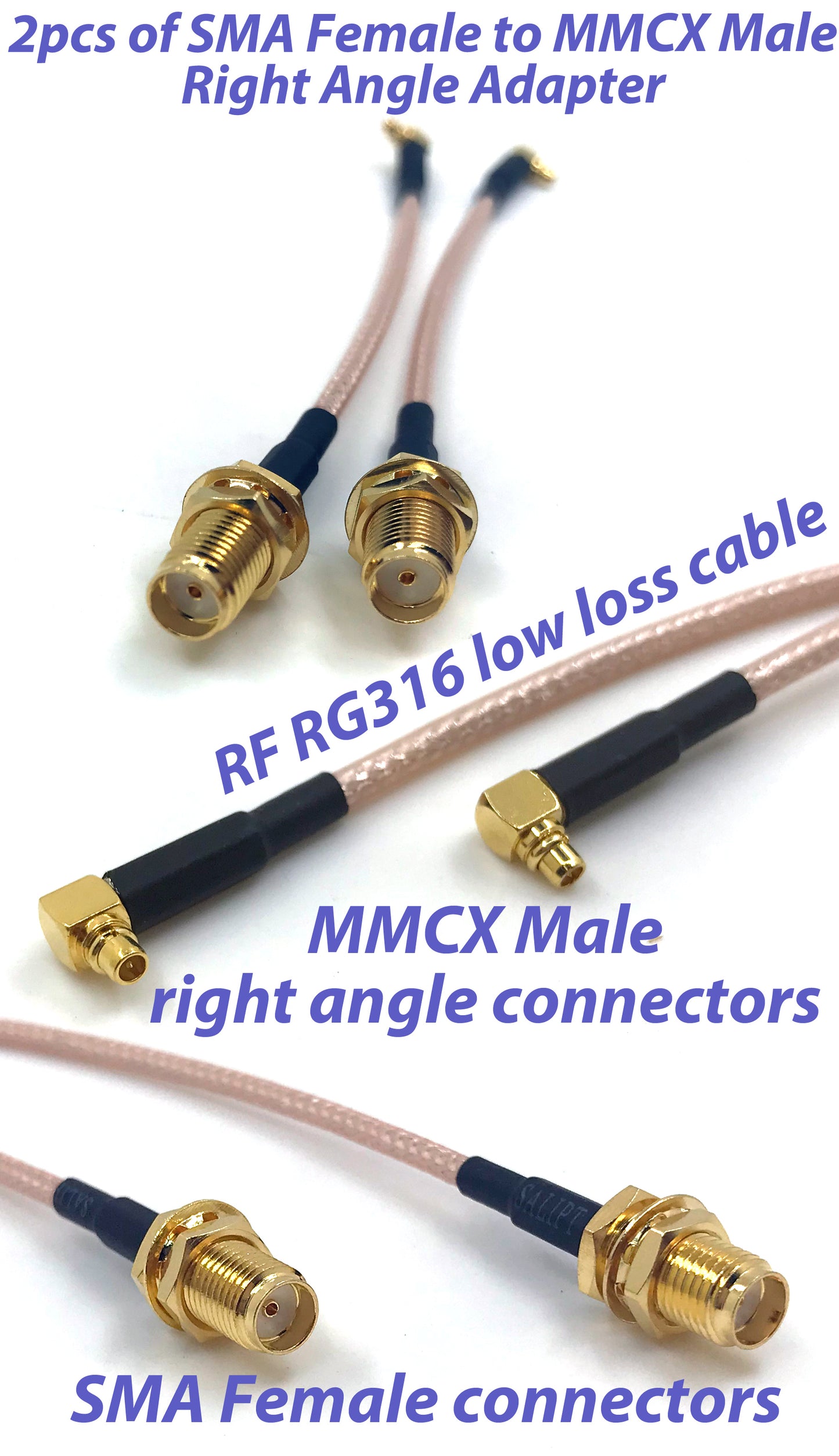 Pack of 2 RF RG316 Pigtail SMA Female Antenna Connector to MMCX Male Coaxial Cable Adapter Right Angle