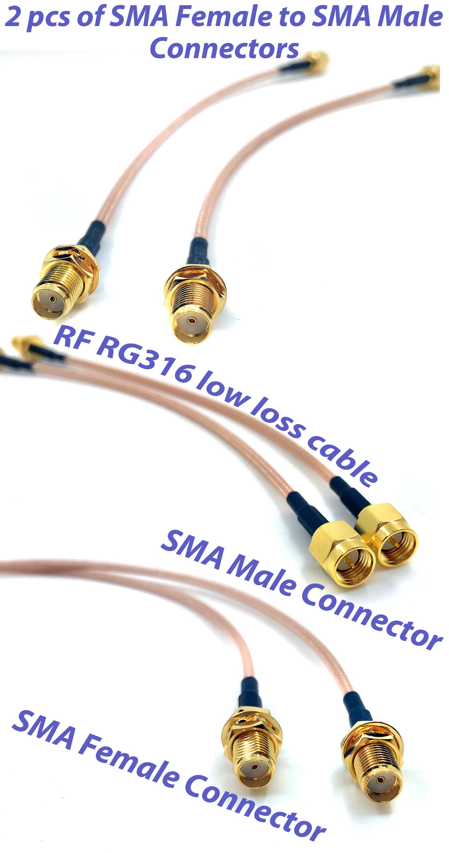Pack of 2 RF RG316 SMA Male to SMA Female Nut Bulkhead Crimp Antenna Low Loss Coaxial Cable