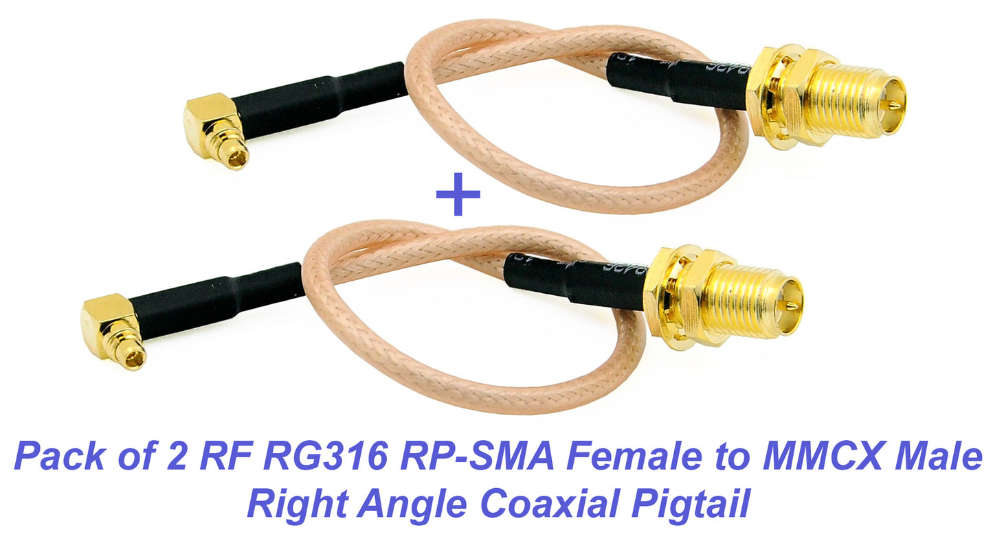 Pack of 2 RF RG316 Pigtail RP-SMA Female Antenna Connector to MMCX Male Low Loss Coaxial Cable Adapter Right Angle