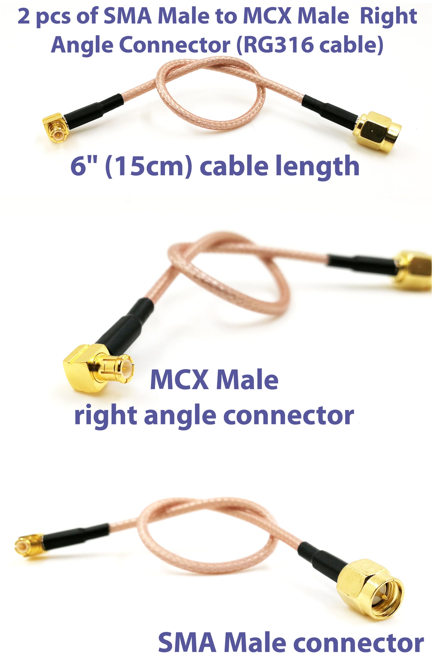 Pack of 2 RF RG316 Coaxial Antenna Pigtail Low Loss Cable SMA Male to MCX Male Right Angle 6 inches (15cm) Connector