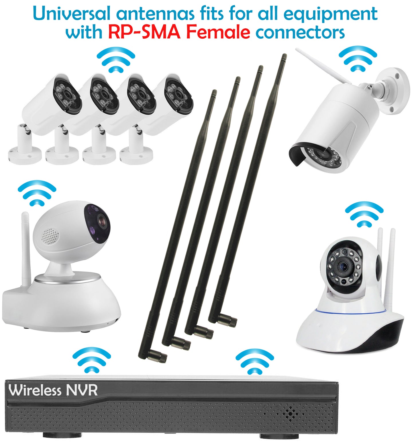 4 pcs of Universal 9dBi Wi-Fi 2.4/5GHz Dual-Band RP-SMA Male Antennas Extension for IP Wireless Security Camera Router and CCTV HD Wireless Camera System Video Antenna for NVR Security IP System