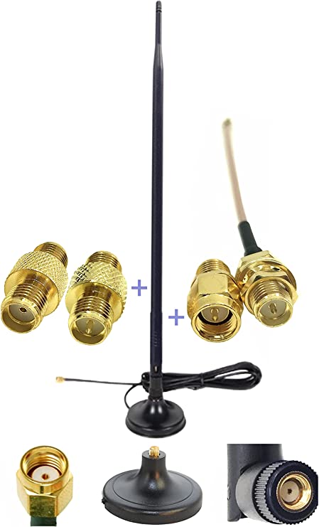 Universal Kit Dual Band Wi-Fi 9dbi Extension Long Range Omni Directional 2.4/5Ghz Antenna RP-SMA Male Connector on Magnet Base with Connectors and Extenders