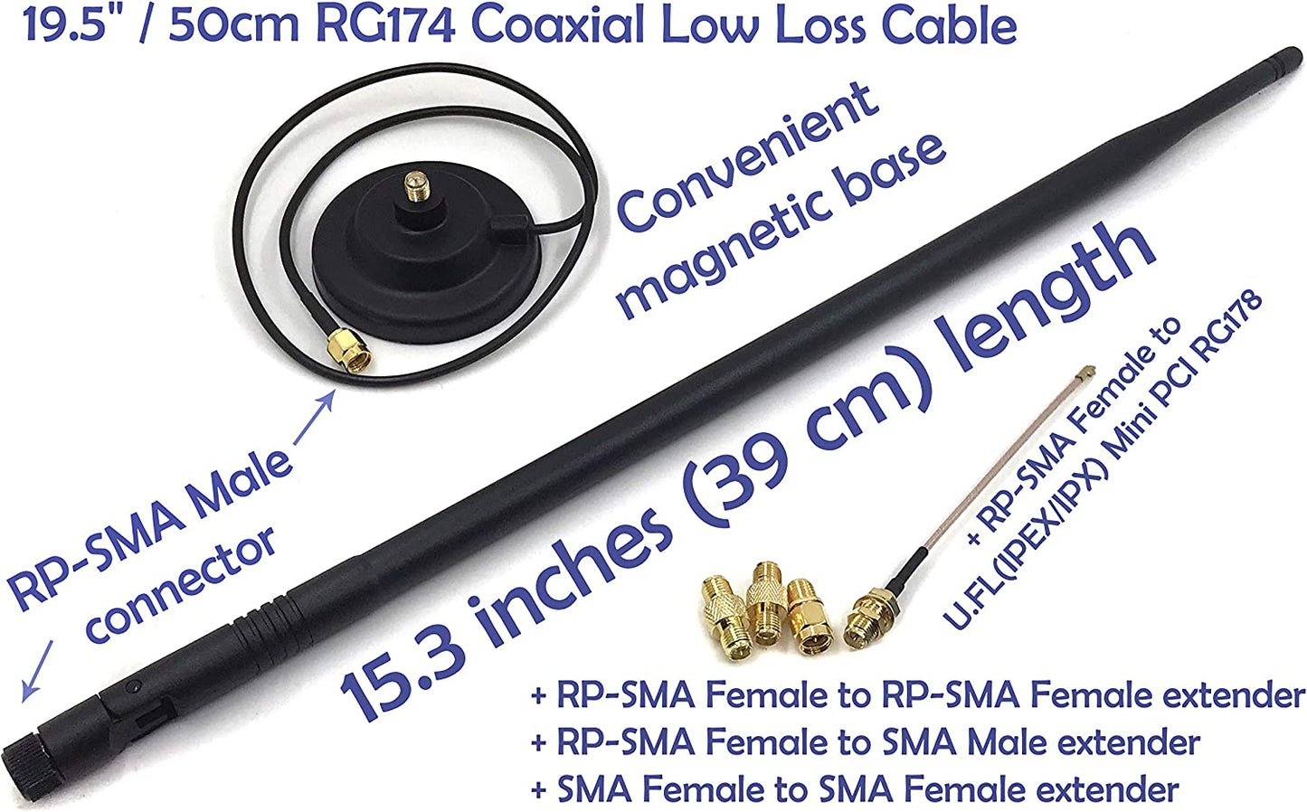 Universal Kit Dual Band Wi-Fi 9dbi Extension Long Range Omni Directional 2.4/5Ghz Antenna RP-SMA Male Connector on Magnet Base with Connectors and Extenders