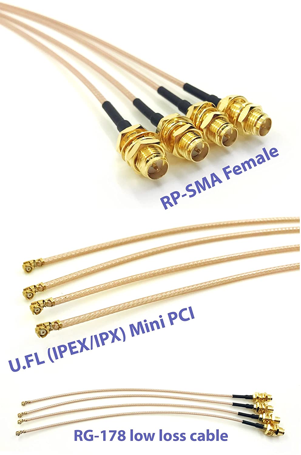 Pack of 4 RF U.FL(IPEX/IPX) Mini PCI to RP-SMA Female Pigtail Antenna Wi-Fi Coaxial RG-178 Low Loss Cable (4 inches (10 cm))