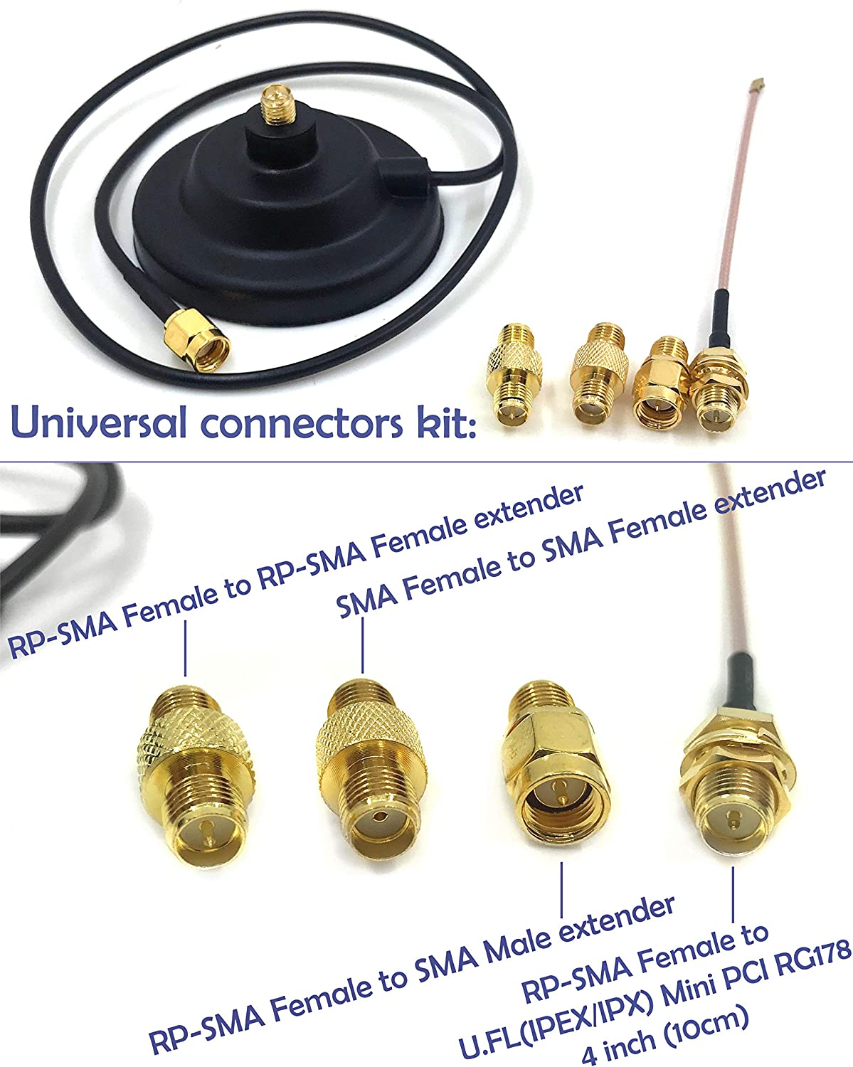 Universal Kit Dual Band Wi-Fi 9dbi Extension Long Range Omni Directional 2.4/5Ghz Antenna RP-SMA Male Connector on Magnet Base with Connectors and Extenders