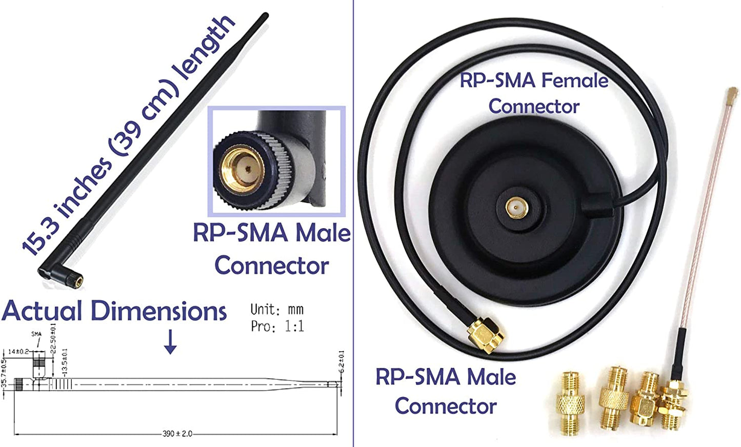 Universal Kit Dual Band Wi-Fi 9dbi Extension Long Range Omni Directional 2.4/5Ghz Antenna RP-SMA Male Connector on Magnet Base with Connectors and Extenders